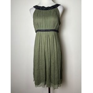 Muse Green Silk Forest Fairy Midi Dress 10 Dark Romantic Sleeveless Beaded